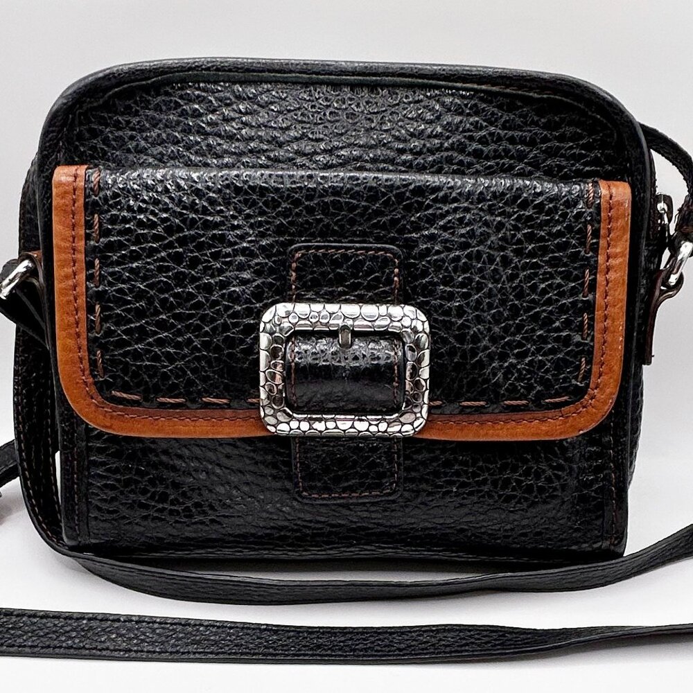 Vtg. Black Leather BRIGHTON Cross-Body Organizer Handbag!